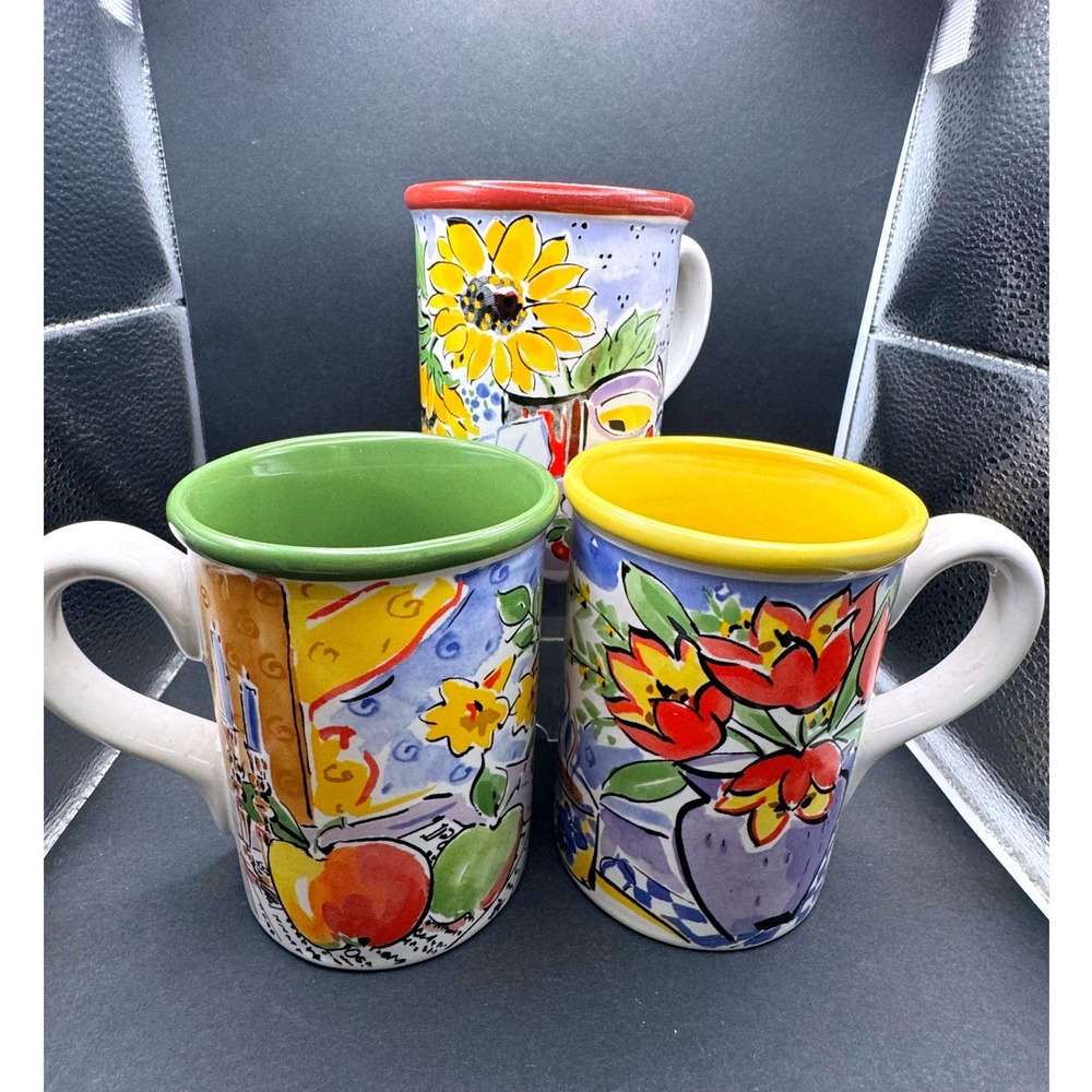 Set of 3 Hand Painted Ceramic Coffee Mugs Floral Fruit Still Life Multicolor